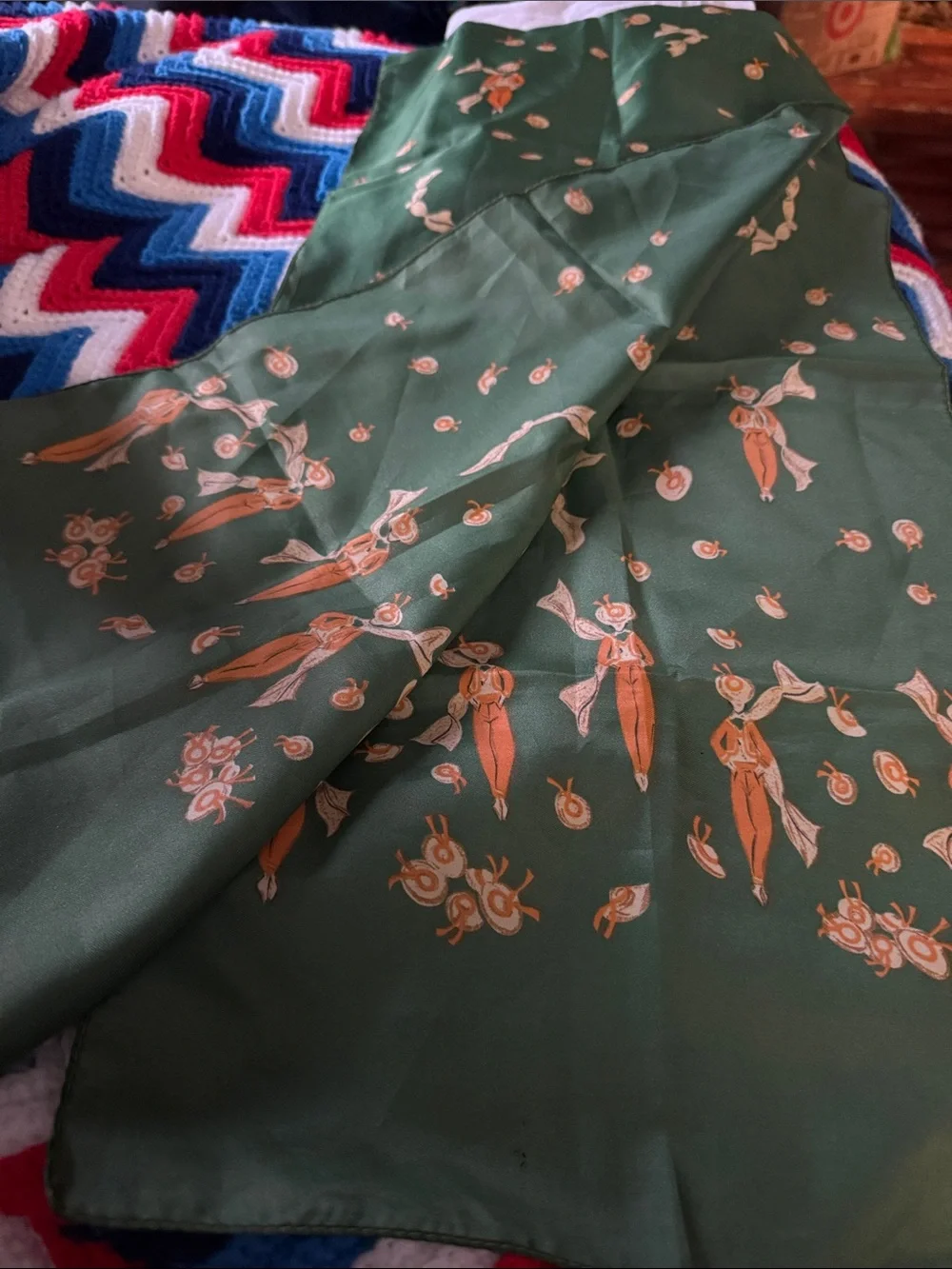 Green Printed Silk-Feel Scarf with Orange Accent Motif